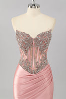 Load image into Gallery viewer, Sparkly Blush Strapless Corset Mermaid Long Formal Dress with Slit