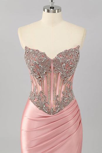 Sparkly Blush Strapless Corset Mermaid Long Formal Dress with Slit
