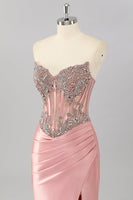 Load image into Gallery viewer, Sparkly Blush Strapless Corset Mermaid Long Formal Dress with Slit