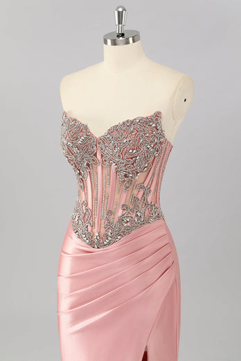 Sparkly Blush Strapless Corset Mermaid Long Formal Dress with Slit