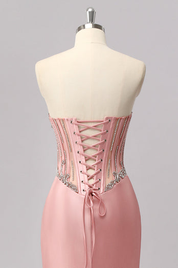 Sparkly Blush Strapless Corset Mermaid Long Formal Dress with Slit