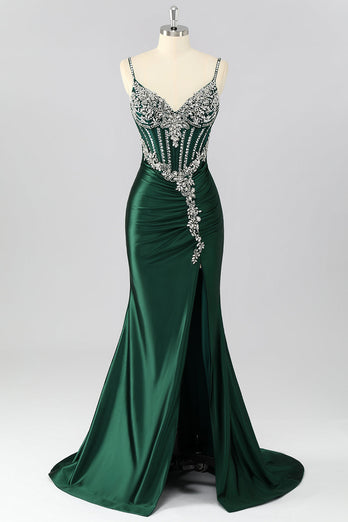 Sparkly Dark Green Corset Mermaid Long Formal Dress with Beading