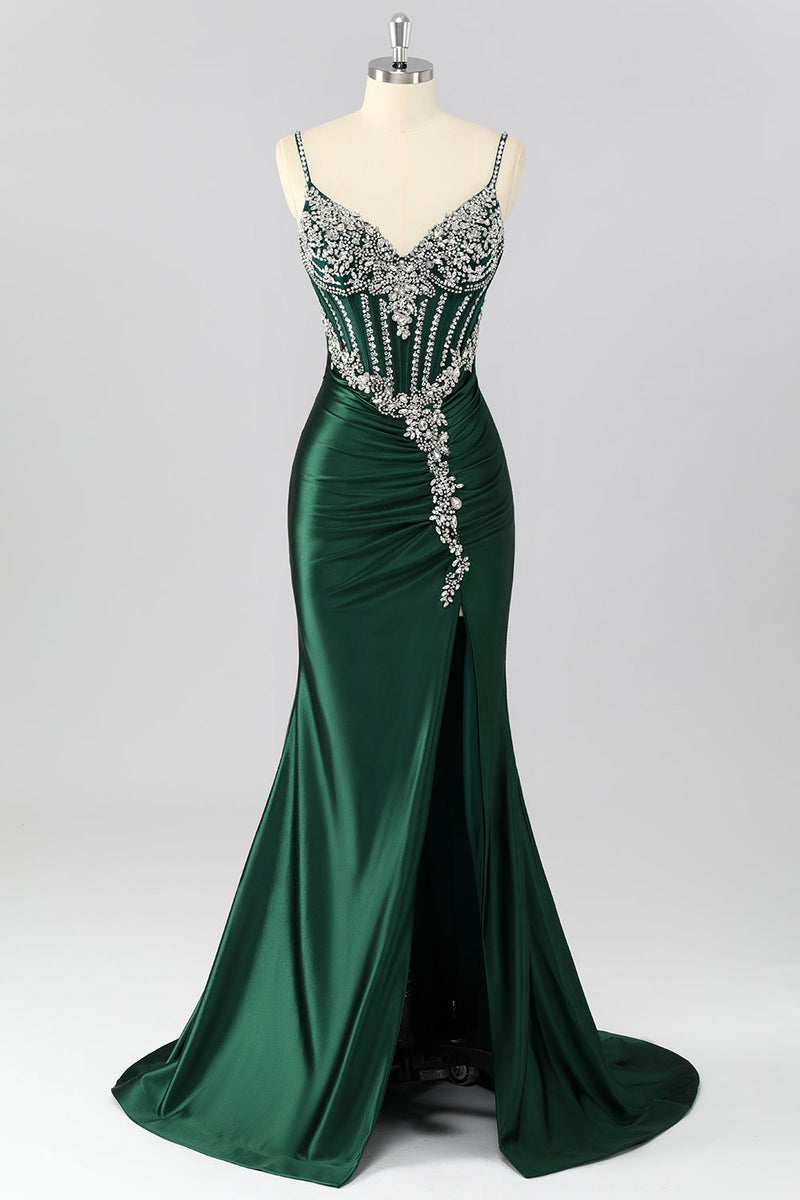 Load image into Gallery viewer, Sparkly Dark Green Corset Mermaid Long Formal Dress with Beading