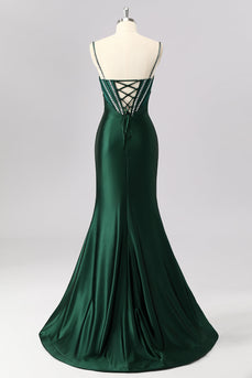 Sparkly Dark Green Corset Mermaid Long Formal Dress with Beading