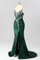 Load image into Gallery viewer, Sparkly Dark Green Corset Mermaid Long Formal Dress with Beading