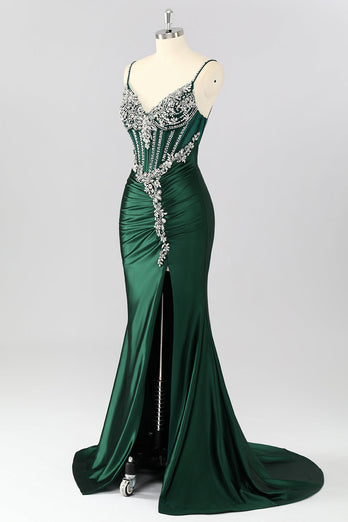 Sparkly Dark Green Corset Mermaid Long Formal Dress with Beading