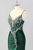Load image into Gallery viewer, Sparkly Dark Green Corset Mermaid Long Formal Dress with Beading