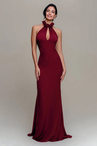 Burgundy High Neck Mermaid Keyhole Long Formal Dress
