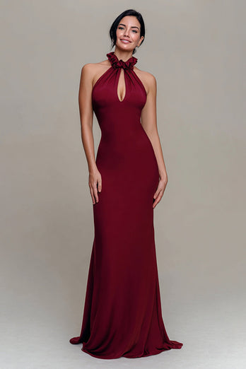 Burgundy High Neck Mermaid Keyhole Long Formal Dress