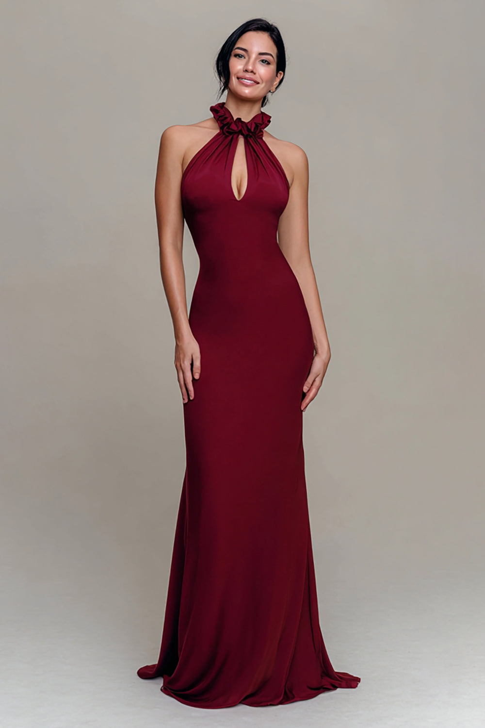 Burgundy High Neck Mermaid Keyhole Long Formal Dress