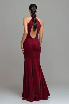 Burgundy High Neck Mermaid Keyhole Long Formal Dress
