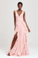 Load image into Gallery viewer, Pink V-Neck Chiffon A-Line Long Formal Dress with Ruffles