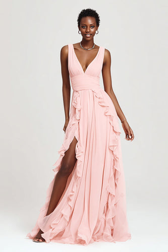 Pink V-Neck Chiffon A-Line Long Formal Dress with Ruffles