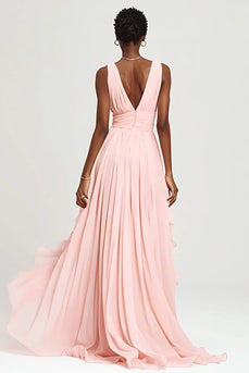 Pink V-Neck Chiffon A-Line Long Formal Dress with Ruffles