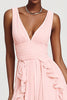 Load image into Gallery viewer, Pink V-Neck Chiffon A-Line Long Formal Dress with Ruffles