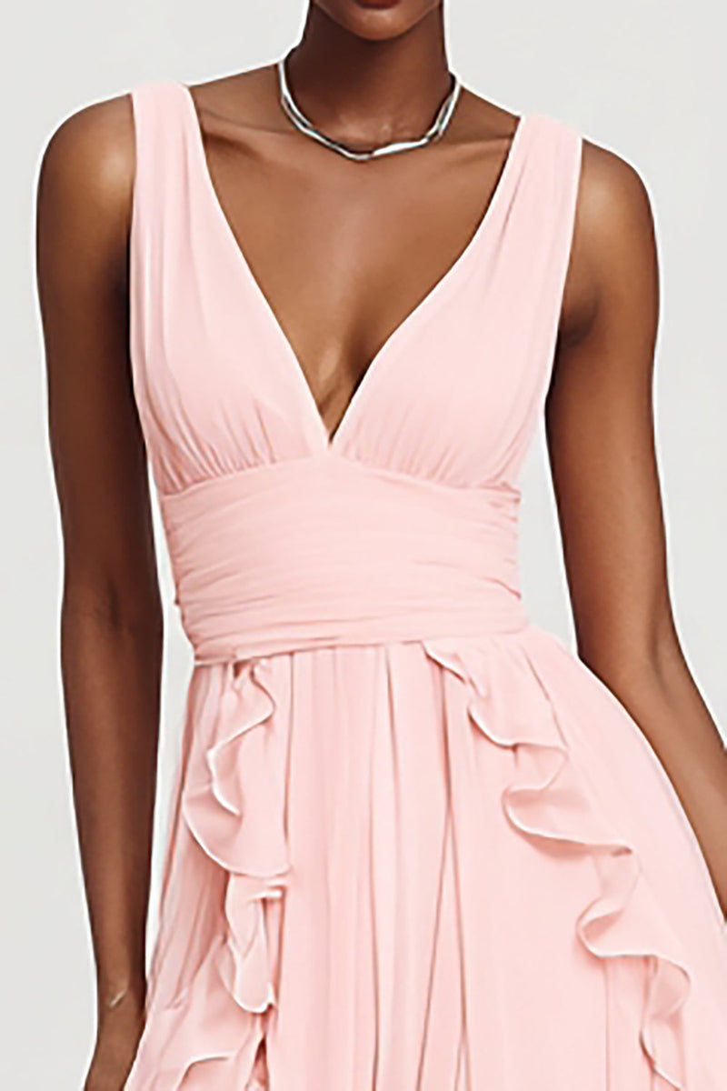 Load image into Gallery viewer, Pink V-Neck Chiffon A-Line Long Formal Dress with Ruffles