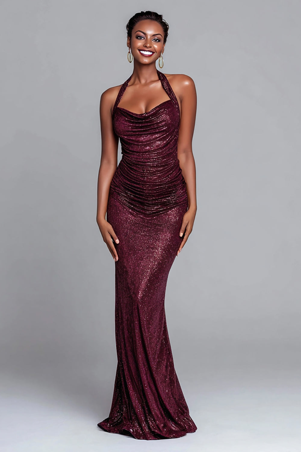 Sparkly Burgundy Sequin Halter Mermaid Long Formal Dress