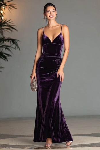 Purple Spaghetti Straps Velvet Mermaid Long Formal Dress