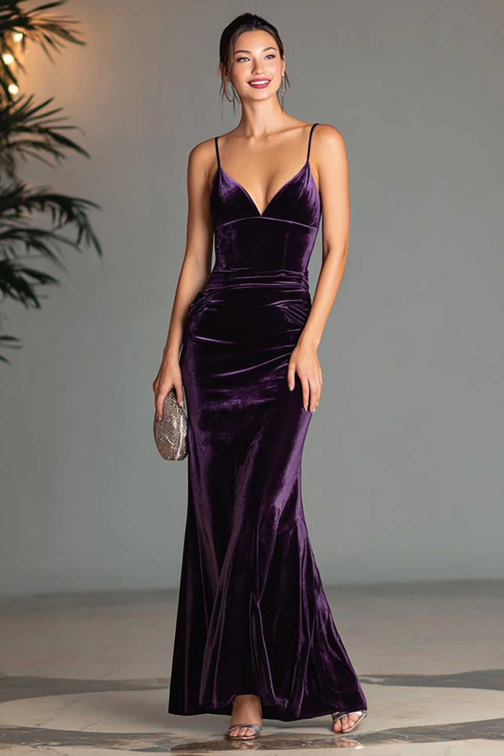 Purple Spaghetti Straps Velvet Mermaid Long Formal Dress