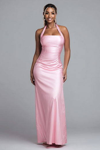 Simple Pink Halter Satin Mermaid Long Formal Dress