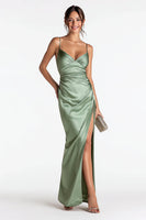 Load image into Gallery viewer, Sage Green Spaghetti Straps Satin Mermaid Long Formal Dress with Slit