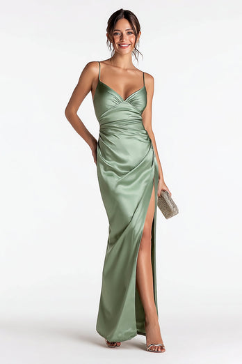 Sage Green Spaghetti Straps Satin Mermaid Long Formal Dress with Slit
