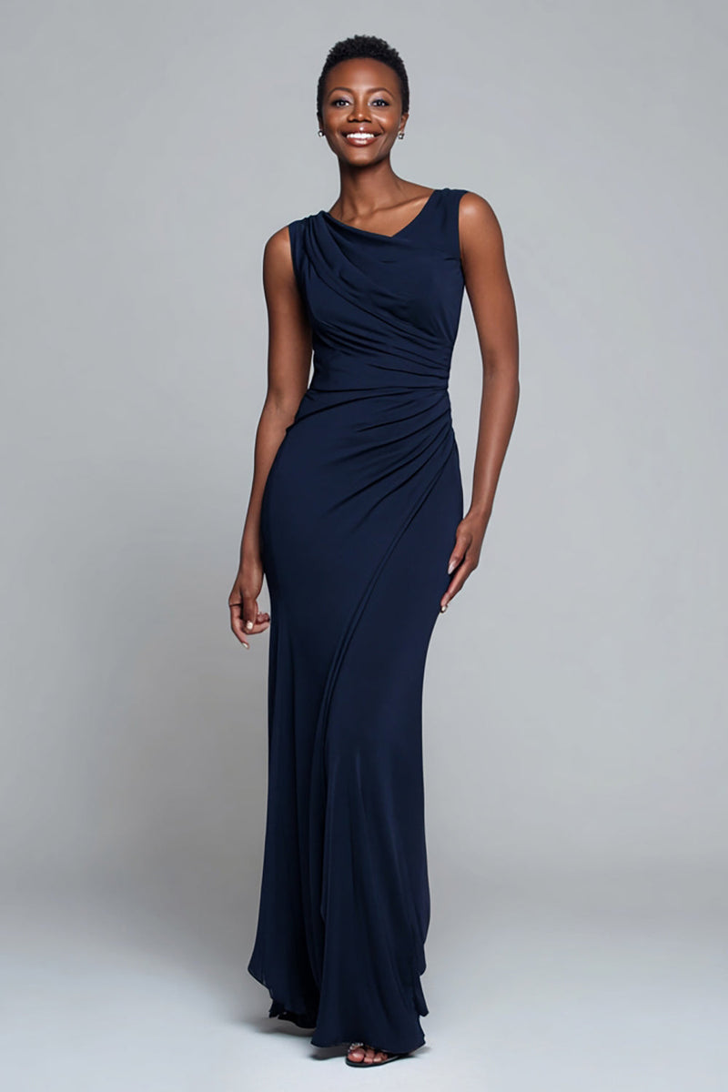 Load image into Gallery viewer, Simple Navy V-Neck Ruched Mermaid Long Formal Dress