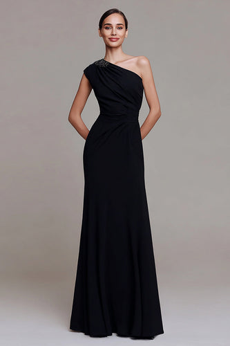 Sparkly Black One Shoulder Ruched Mermaid Long Formal Dress with Beading