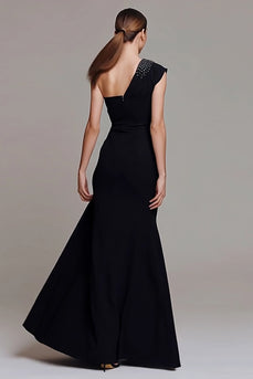 Sparkly Black One Shoulder Ruched Mermaid Long Formal Dress with Beading