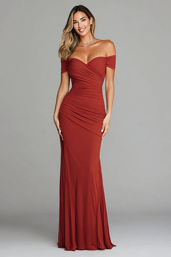 Terracotta Off the Shoulder Ruched Mermaid Long Formal Dress