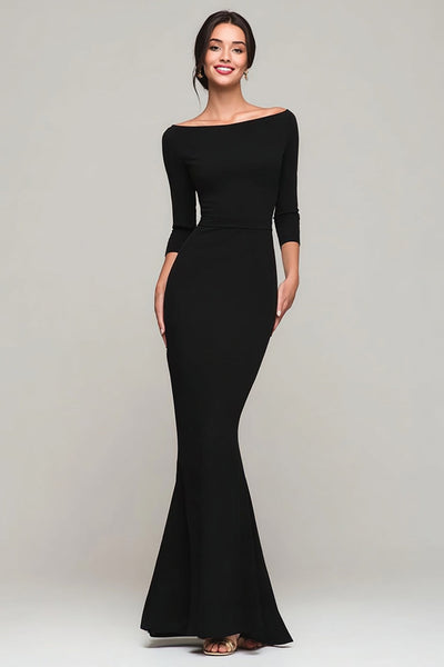 Black Boat Neck Mermaid Long Formal Dress with Sleeves