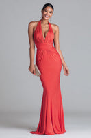 Load image into Gallery viewer, Watermelon Red Halter Ruched Mermaid Long Formal Dress
