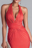 Load image into Gallery viewer, Watermelon Red Halter Ruched Mermaid Long Formal Dress