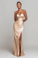 Load image into Gallery viewer, Champagne Sweetheart Mermaid Satin Long Formal Dress with Slit