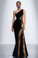 Load image into Gallery viewer, Black One Shoulder Velvet Mermaid Long Formal Dress with Sequins