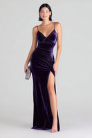 Load image into Gallery viewer, Purple Mermaid Spaghetti Straps Velvet Long Formal Dress with Slit