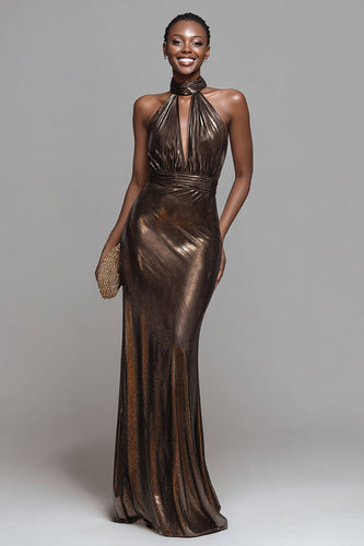 Sparkly Brown Metallic High Neck Mermaid Long Formal Dress