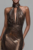 Load image into Gallery viewer, Sparkly Brown Metallic High Neck Mermaid Long Formal Dress