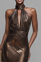 Load image into Gallery viewer, Sparkly Brown Metallic High Neck Mermaid Long Formal Dress