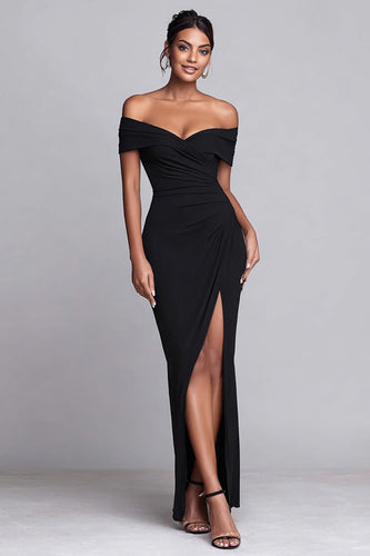 Black Off the Shoulder Ruched Mermaid Long Formal Dress with Slit