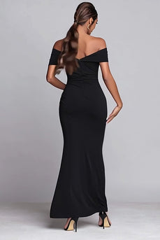 Black Off the Shoulder Ruched Mermaid Long Formal Dress with Slit
