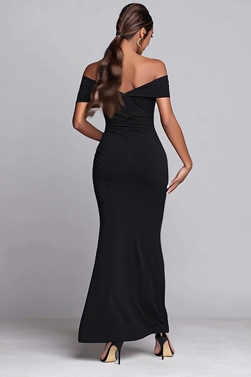 Load image into Gallery viewer, Black Off the Shoulder Ruched Mermaid Long Formal Dress with Slit