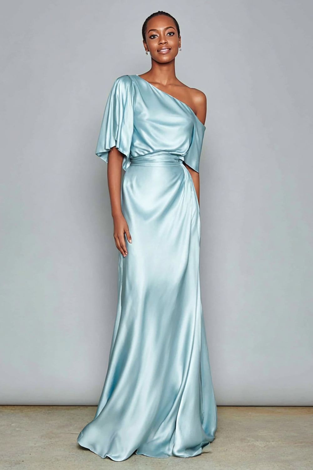 Light Blue Satin One Shoulder Mermaid Long Formal Dress with Sleeves