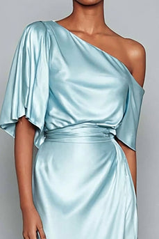 Light Blue Satin One Shoulder Mermaid Long Formal Dress with Sleeves