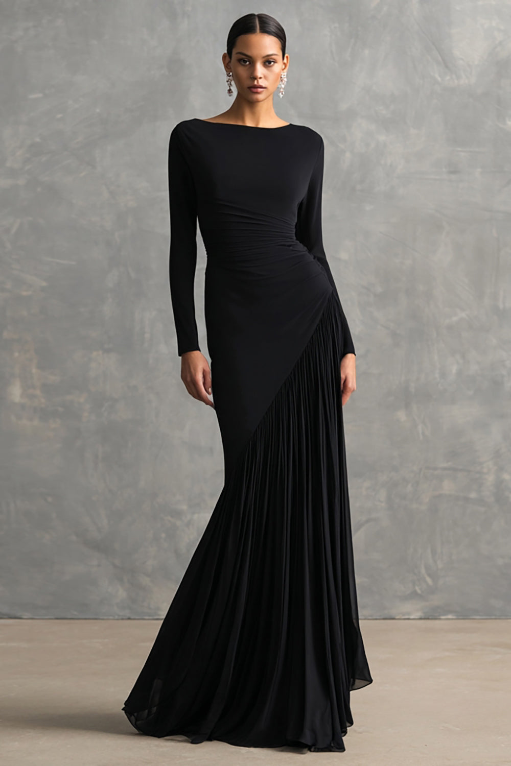 Black Mermaid Boat Neck Long Formal Dress with Sleeves