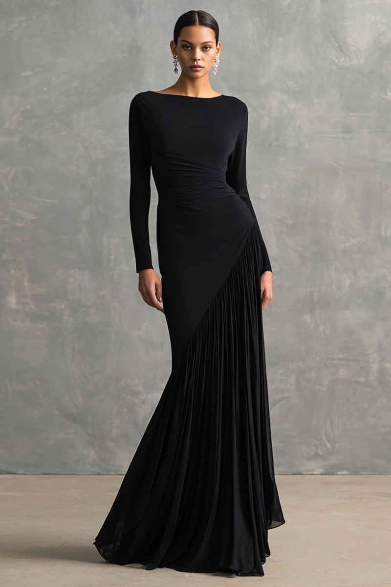 Load image into Gallery viewer, Black Mermaid Boat Neck Long Formal Dress with Sleeves
