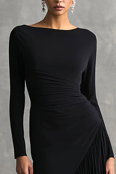 Black Mermaid Boat Neck Long Formal Dress with Sleeves