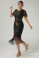 Load image into Gallery viewer, Sparkly Black Golden Beaded Sequins Bodycon Flapper Dress with Fringes
