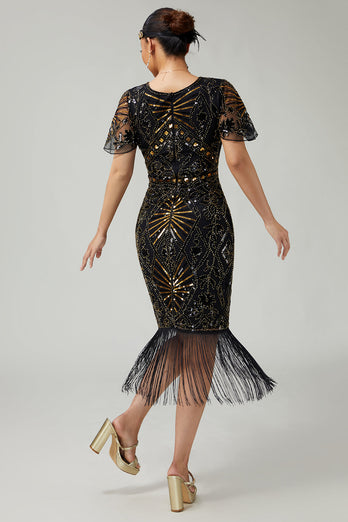 Sparkly Black Golden Beaded Sequins Bodycon Flapper Dress with Fringes