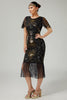 Load image into Gallery viewer, Sparkly Black Golden Beaded Sequins Bodycon Flapper Dress with Fringes